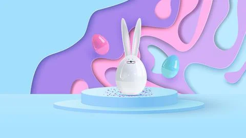 Happy easter. Design Rabbit with eggs. Festive spring 3d composition. Realistic Stock Illustration