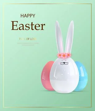 Happy easter. Design Rabbit with eggs. Festive spring 3d composition. Realistic Stock Illustration
