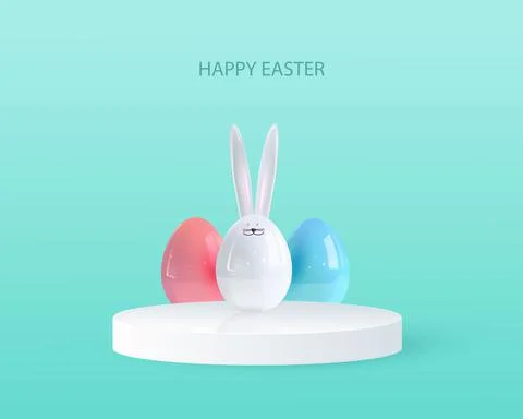 Happy easter. Design Rabbit with eggs. Festive spring 3d composition. Realistic Stock Illustration