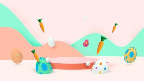 Happy easter. Design Rabbit with eggs. Festive spring 3d composition. Realistic Stock Illustration