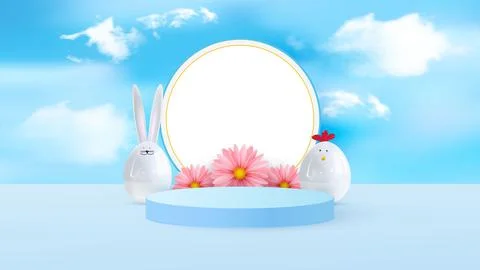 Happy easter. Design Rabbit with eggs. Festive spring 3d composition. Realistic Stock Illustration