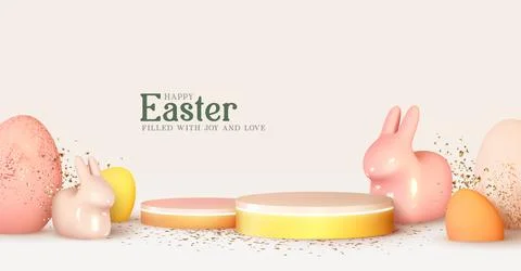 Happy Easter. Design Rabbit with Eggs. Festive spring 3d composition. Reali.. Illustrazione stock