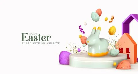 Happy Easter. Design Rabbit with Eggs. Festive spring 3d composition. Reali.. Stock Illustration