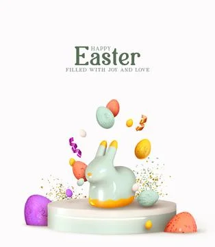 Happy Easter. Design Rabbit with Eggs. Festive spring 3d composition. Reali.. Stock Illustration