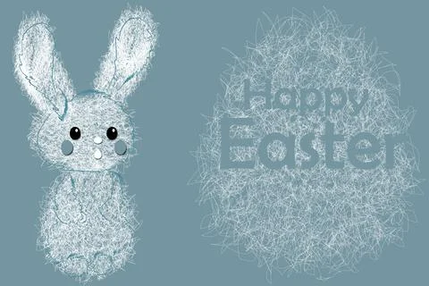 Happy Easter design with typography, outline Easter bunny and Easter eggs. Stock Illustration