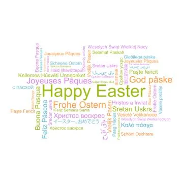 Happy Easter in different languages, word tag cloud, vector Stock Illustration