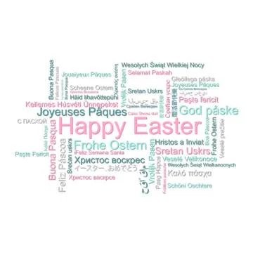 Happy Easter in different languages, word tag cloud, vector Stock Illustration