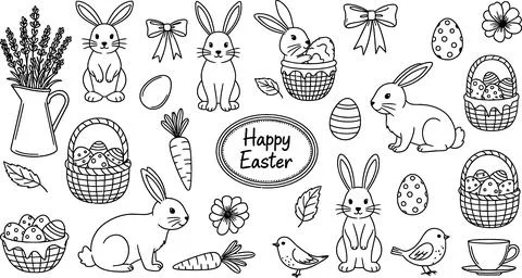 Happy Easter Doodle Collection: Bunnies, Eggs, Baskets, Carrots and Flowers.. Ilustração Stock