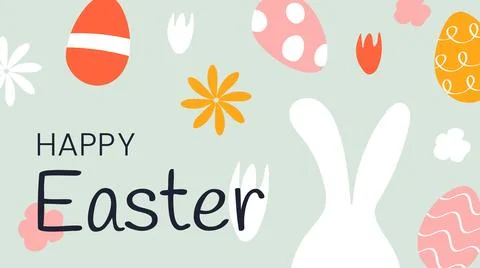 Happy Easter Doodle. Colored Eggs, white Bunny ears and Flowers. Greeting Card Stock Illustration