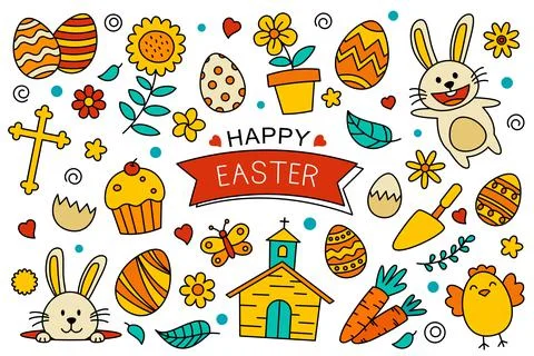 Happy easter doodle elements design. Easter set with object and decorations o Illustrazione stock