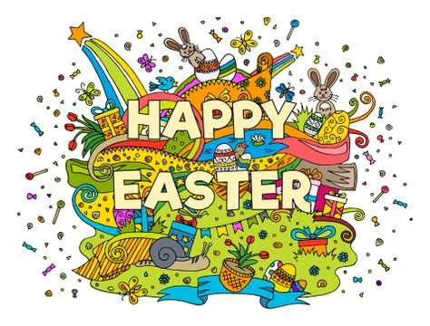 Happy Easter doodle outline composition Stock-Illustration