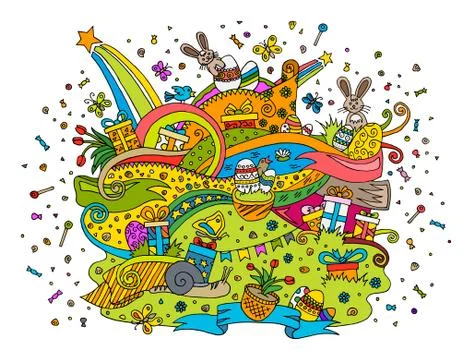 Happy Easter doodle outline composition Stock Illustration