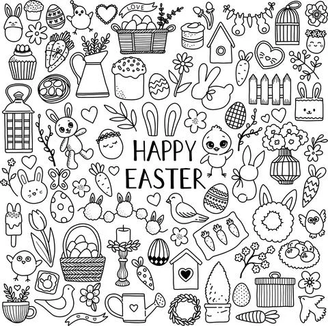 Happy Easter doodle set and vector illustration Stock Illustration