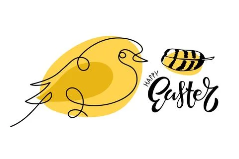Happy Easter doodle sketch bird, calligraphy lettering and bird feather. Black Illustrazione stock