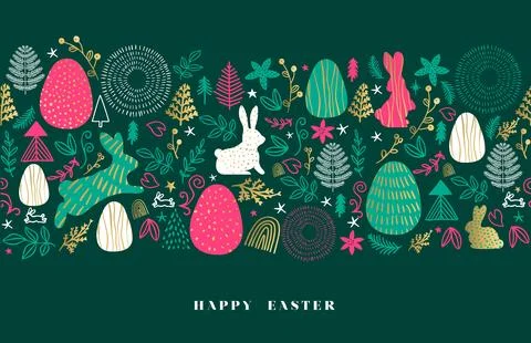 Happy easter drawn doodle seamless pattern greeting card Illustrazione stock