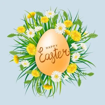 Happy Easter Eagg lettering template banner dandelions and daisies, grass Stockillustratie