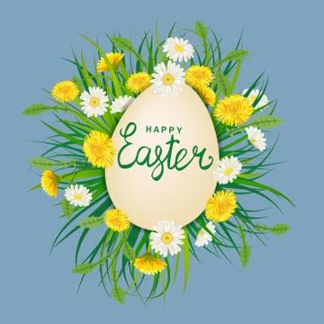 Happy Easter Eagg lettering template banner dandelions and daisies, grass Stock Illustration