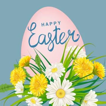 Happy Easter Eagg lettering template banner dandelions and daisies, grass 스톡 일러스트