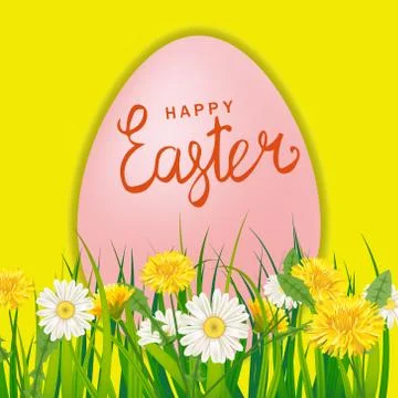 Happy Easter Eagg lettering template banner dandelions and daisies, grass Stock Illustration