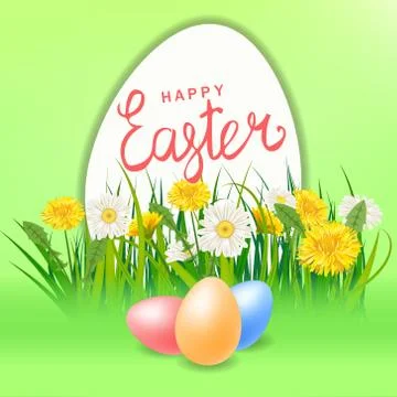 Happy Easter Eaggs lettering template banner dandelions and bunny ears daisies Stock Illustration