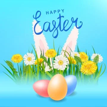 Happy Easter Eaggs lettering template banner dandelions and bunny ears daisies Illustrazione stock