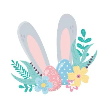 Happy easter ears eggs flowers foliage decoration Illustrazione stock