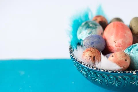 Happy Easter. easter background. colorful Easter eggs. pantone and blue eggs 스톡 사진
