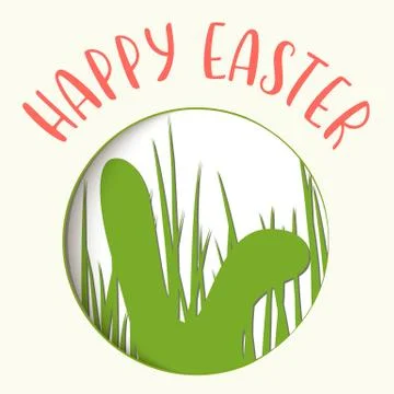 Happy Easter. Easter badge with rabbits ears silhouette in round photo frame. Illustrazione stock