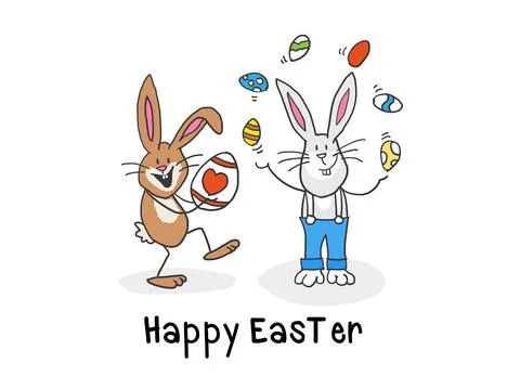 Happy Easter! Easter bunnies and egg. Stock Illustration