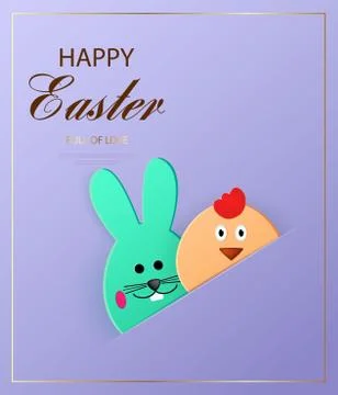 Happy Easter. Easter bunny and chick looking at the purple background. Stock Illustration