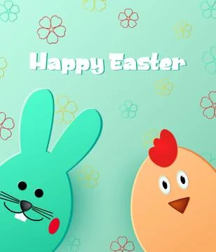 Happy Easter. Easter bunny and chick looking at the green background. Stock Illustration