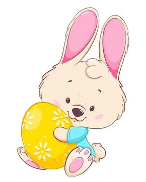 Happy Easter. Easter bunny. Funny cartoon character rabbit holding colored eg Stock Illustration