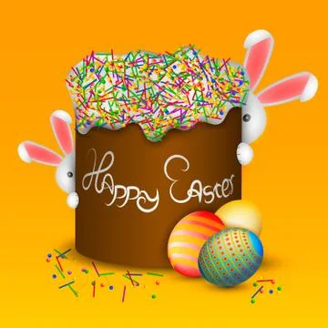 Happy easter. Easter cake and eggs. Funny rabbits Stock Illustration