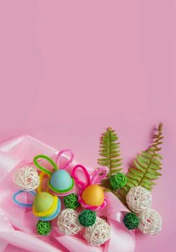 Happy Easter. Easter campaign of colorful eggs with bunny ears, leaves Stock Photos