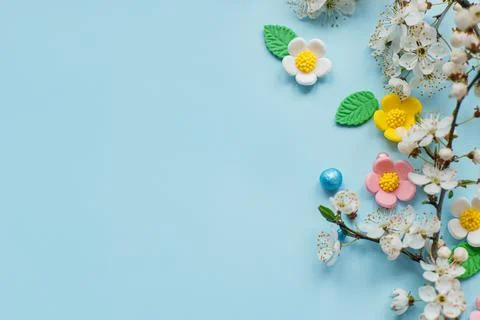 Happy Easter! Easter candy flowers and blooming cherry branch  flat lay on .. Stock Photos