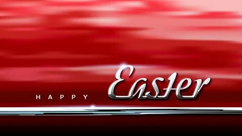 Happy Easter. Easter card in car style. Shiny chrome logo on background of red Stock Illustration