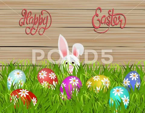 Happy easter. Easter colored eggs with a pattern of daisies in the grass. R.. 스톡 일러스트
