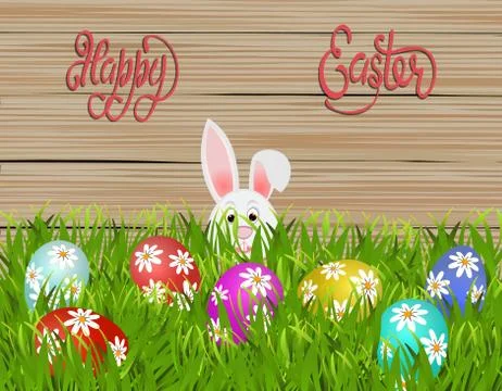 Happy easter. Easter colored eggs with a pattern of daisies in the grass. R.. Stock Illustration