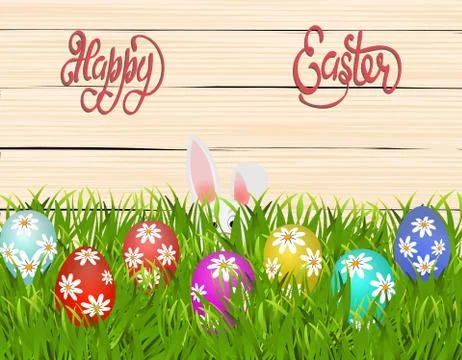 Happy easter. Easter colored eggs with a pattern of daisies. The rabbit is .. Stock Illustration