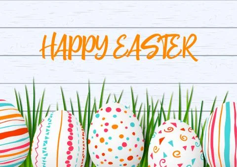 Happy Easter. Easter colorful eggs in row with different simple colorful Stock Illustration
