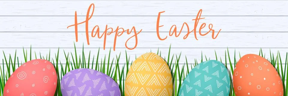 Happy Easter. Easter colorful eggs in row on white wooden wooden Scandinavian イラスト素材