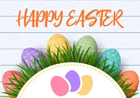 Happy Easter. Easter colorful eggs in row with abstract simple ornaments. whi Stock Illustration