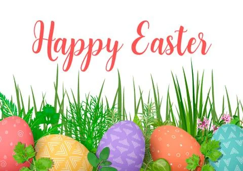 Happy Easter. Easter colorful eggs in row with abstract simple ornaments. whi Stock Illustration