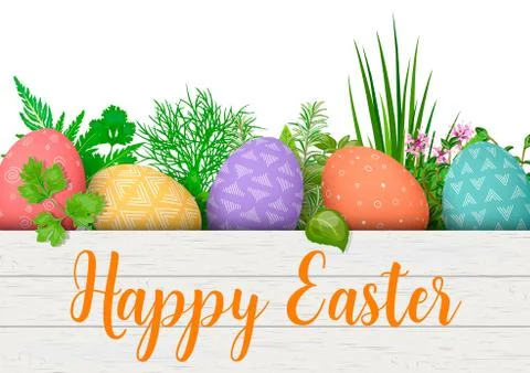 Happy Easter. Easter colorful eggs in row in white wooden crate with cooking  Stock Illustration