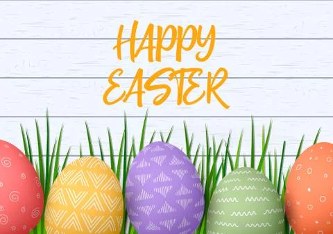 Happy Easter. Easter colorful eggs in row with different simple ornaments. wh Stock Illustration