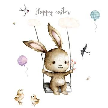 Happy Easter Easter cute bunny with chicken. Hand drawn watercolor illustrati Illustrazione stock