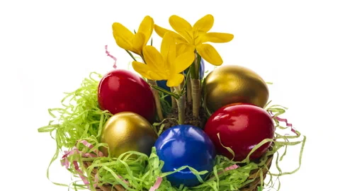 Happy Easter. Easter eggs and decorations. Easter composition on white Stock Footage 147258111