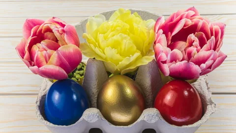 Happy Easter. Easter eggs and decorations. Easter composition on light Stock Footage 148226440