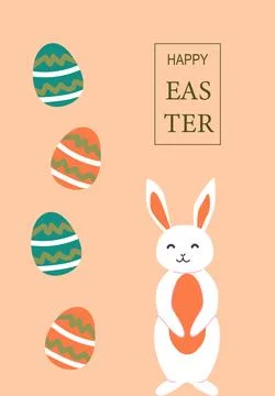 Happy easter with easter eggs and smiling bunny on peach background Illustrazione stock