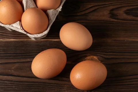 Happy Easter. Easter eggs. Chicken brown eggs closeup top view On the table.. Foto stock